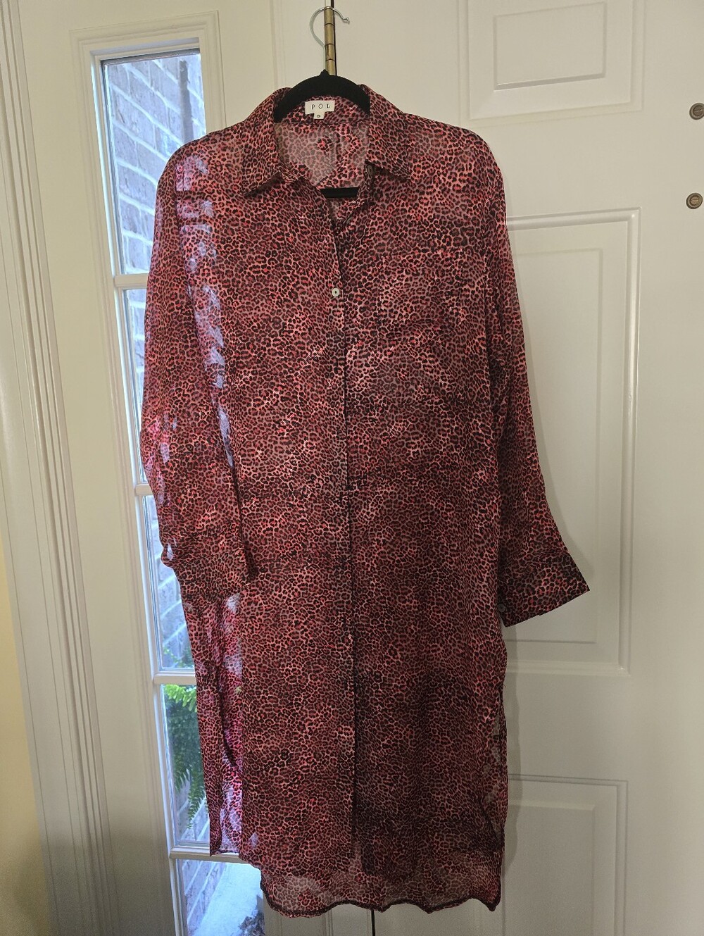 Pol Red Leopard Print Sheer Button-Down Shirt Dress / Duster Midi Length. New